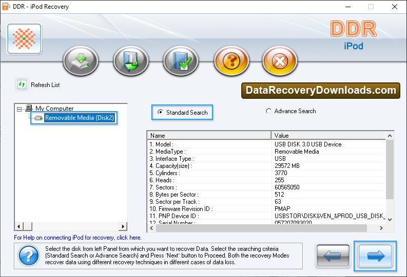 Select removable media and searching criteria