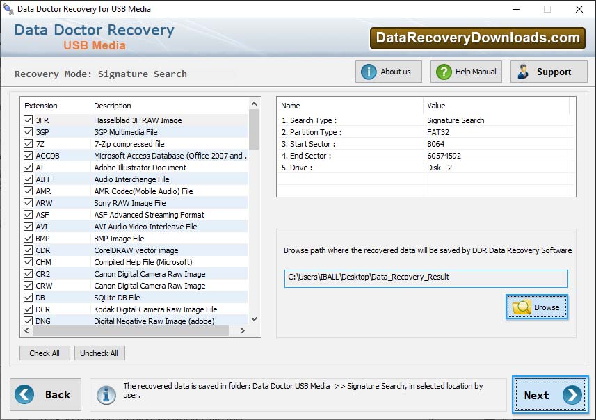 Browse path to save recovered data